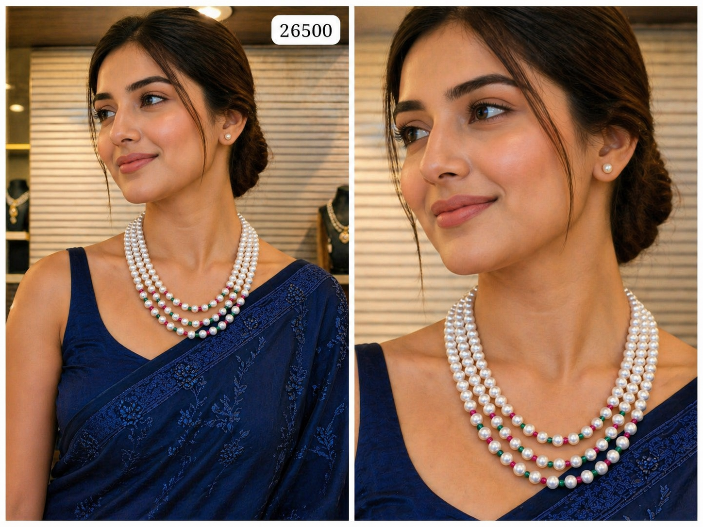 Multi-Layer Freshwater Pearl Necklace with Ruby & Emerald Beads thumbnail 3