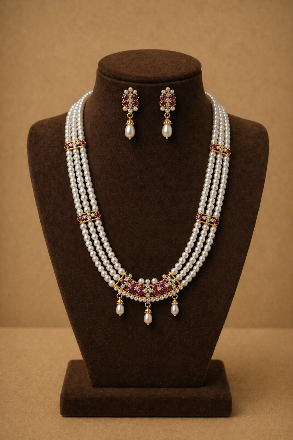 Bridal Multi-Layer Pearl Necklace Set with Ruby & Gold Accents thumbnail 2