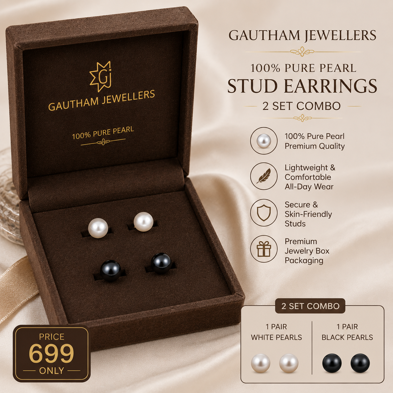 Gautham Jewellers 100% Pure Pearl Stud Earrings Set thumbnail 3