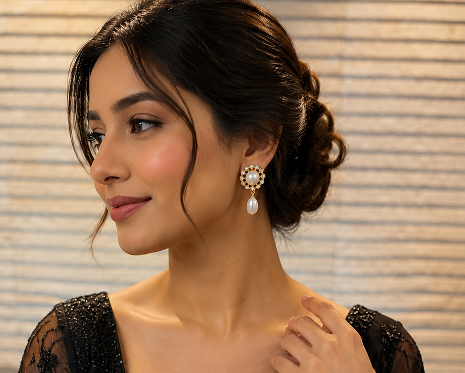 Elegant Pearl Drop Earrings with Crystal Halo Design thumbnail 2