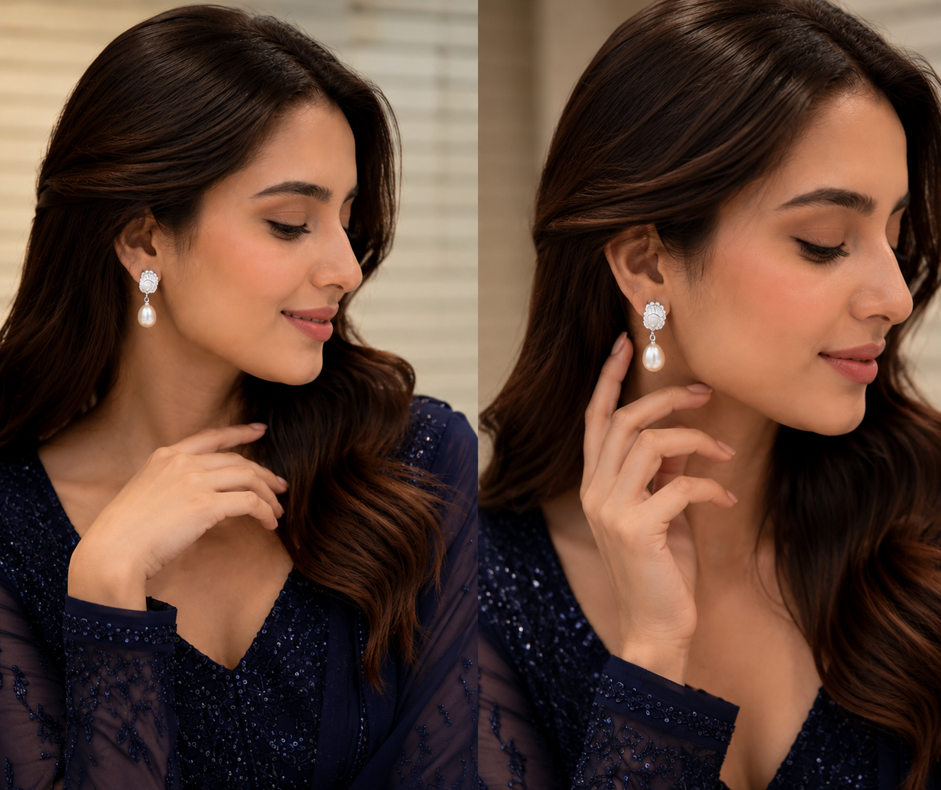 Minimal Pearl Drop Earrings with Silver Finish thumbnail 2