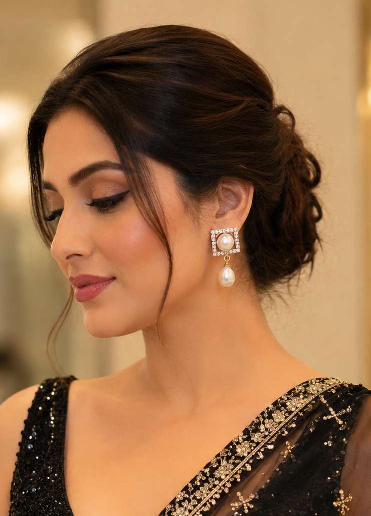 Elegant Square Pearl Drop Earrings with Crystal thumbnail 3
