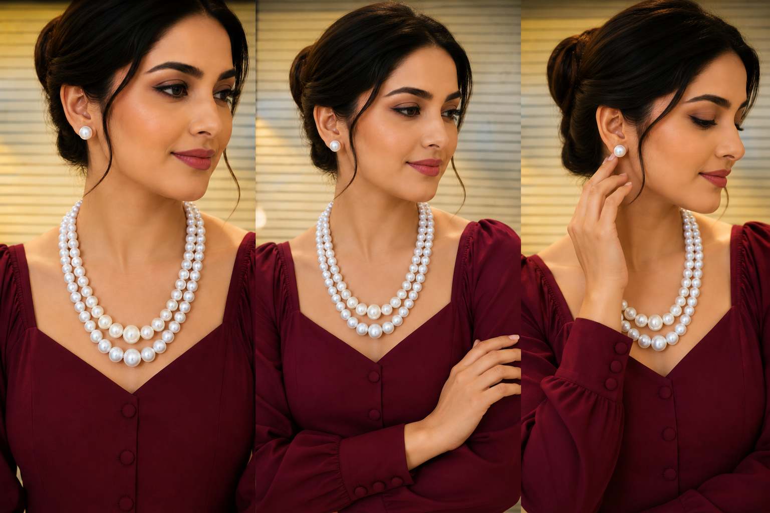Classic White Pearl Double Strand Necklace and Earring Set for Women thumbnail 3