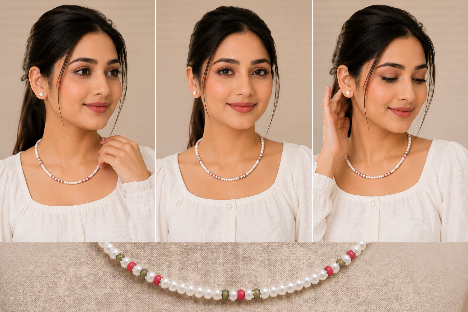 Multicolor Pearl Beaded Necklace & Stud Earrings Set for Women thumbnail 3
