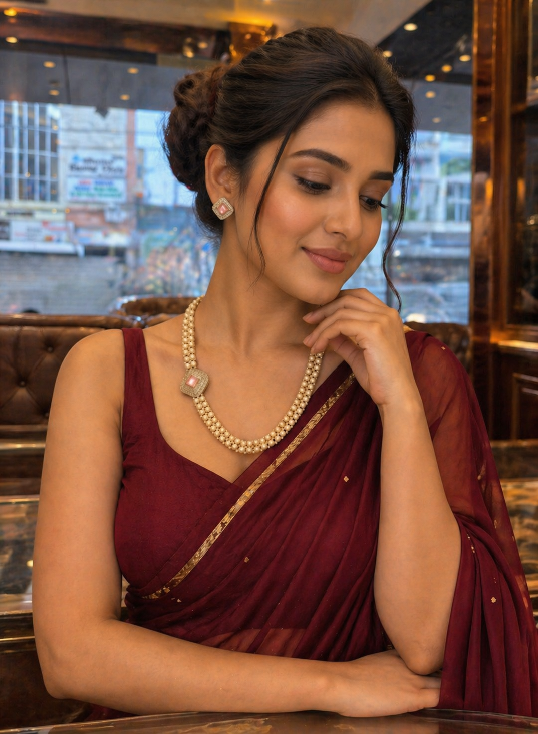 Elegant Pearl Necklace Set with Pink Stone Pendant & Earrings