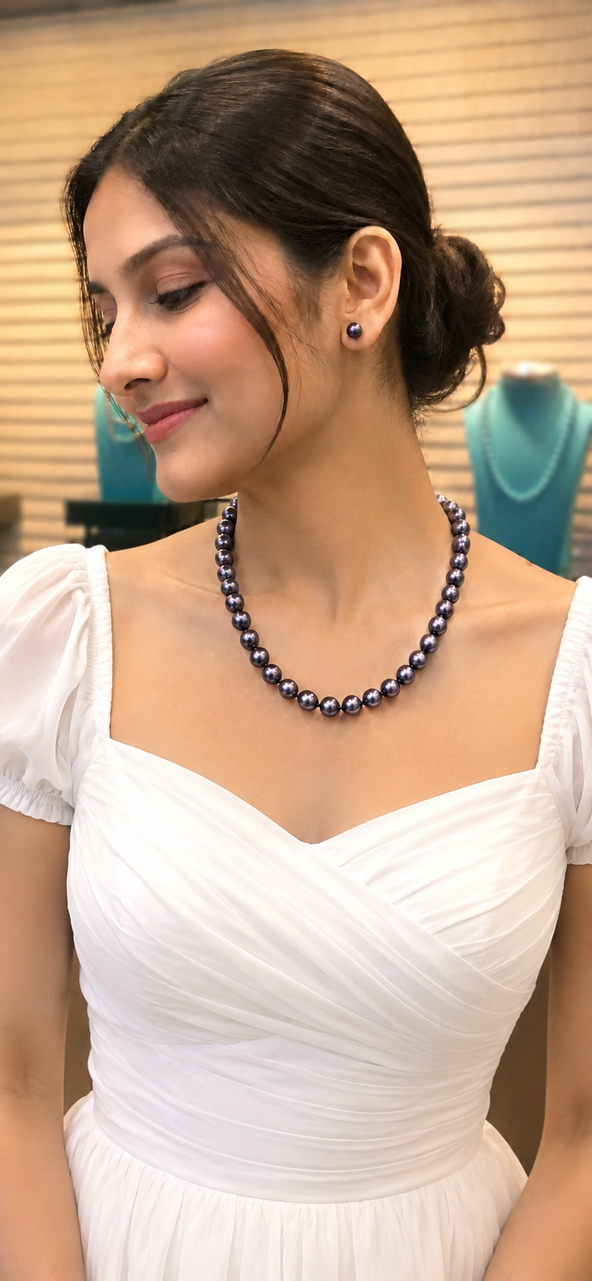 Dark Peacock Pearl Necklace with Matching Stud Earrings