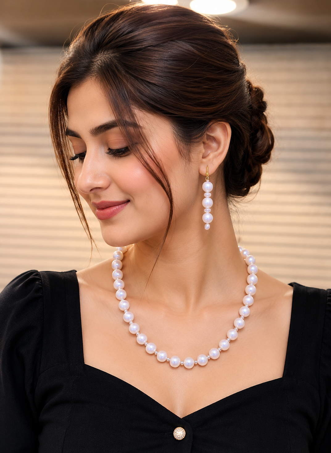 Classic White Pearl Necklace & Drop Earrings Set for Women