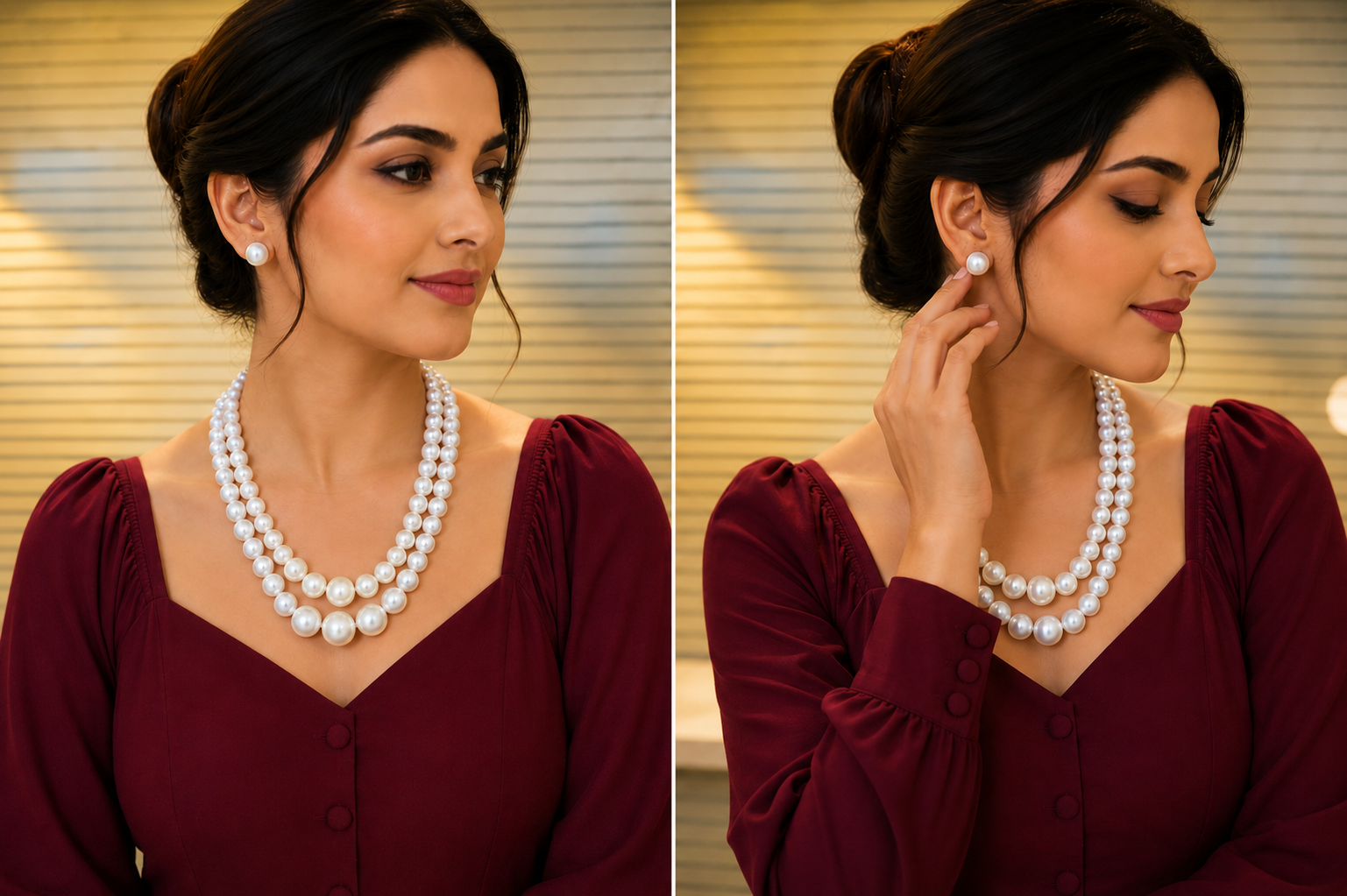 Classic White Pearl Double Strand Necklace and Earring Set for Women