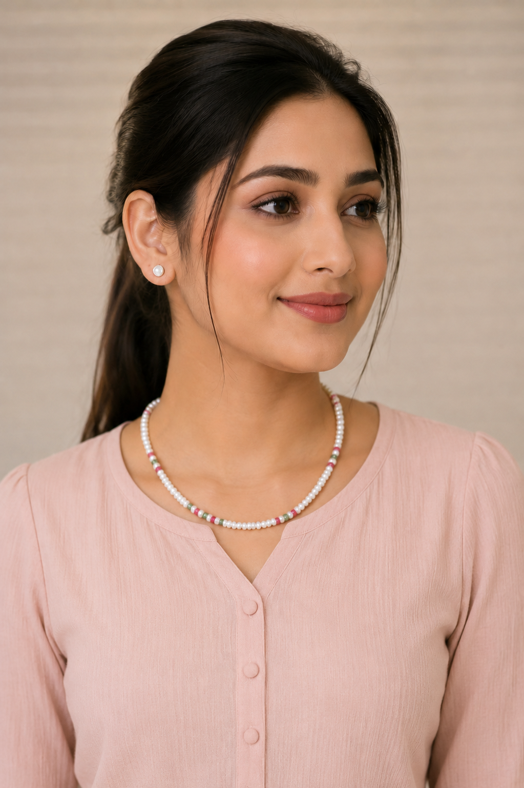 Multicolor Pearl Beaded Necklace & Stud Earrings Set for Women