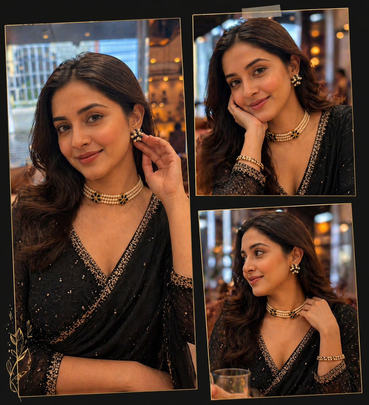 Designer Pearl Choker Necklace Set with Black Floral Accents