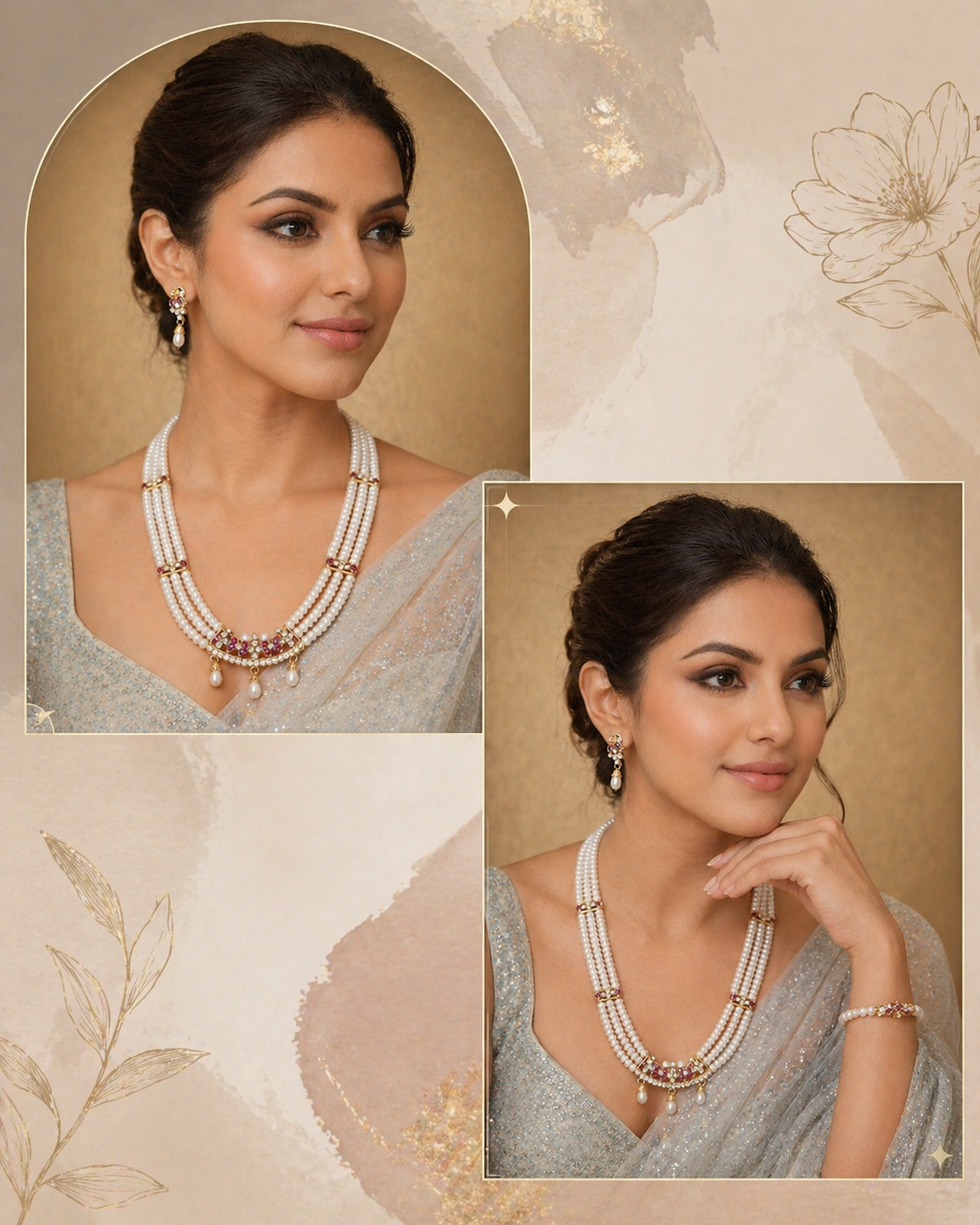 Bridal Multi-Layer Pearl Necklace Set with Ruby & Gold Accents