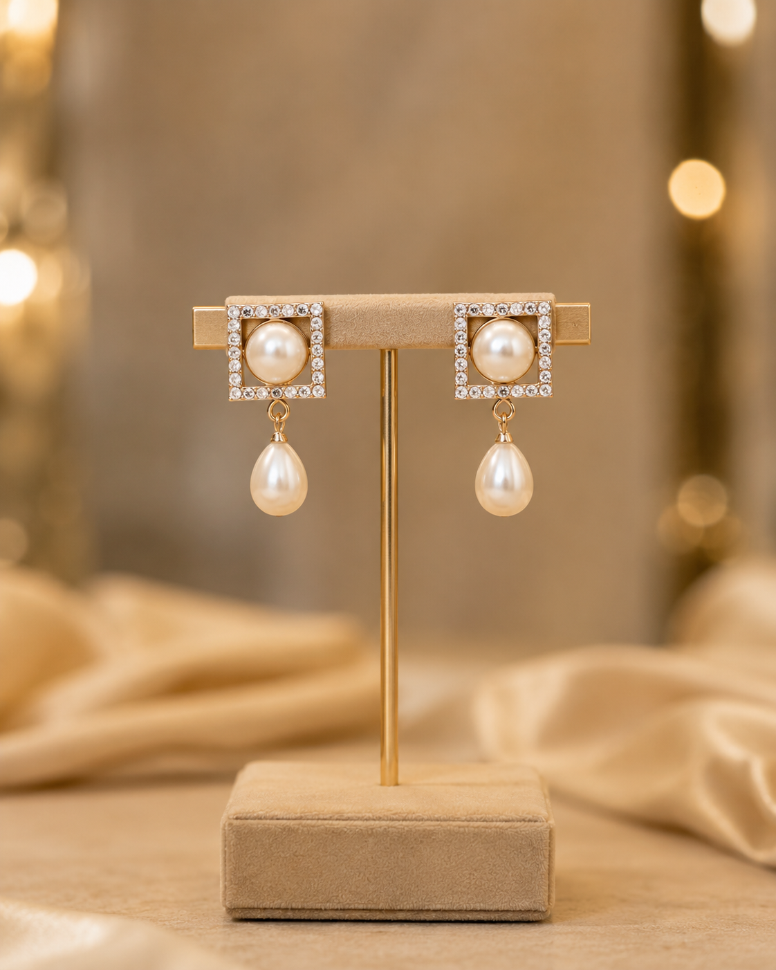 Elegant Square Pearl Drop Earrings with Crystal