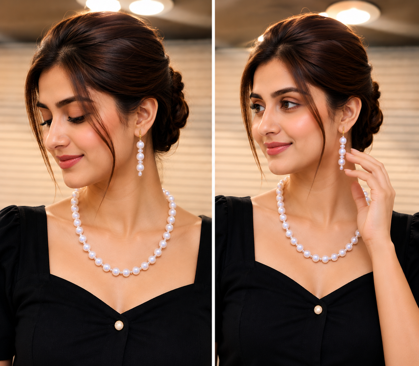 Classic White Pearl Necklace & Drop Earrings Set for Women