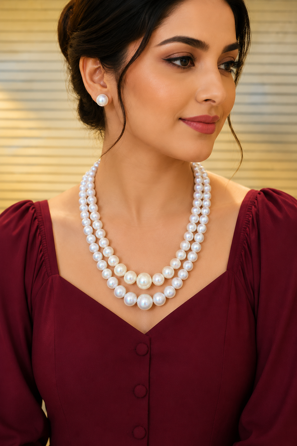 Classic White Pearl Double Strand Necklace and Earring Set for Women