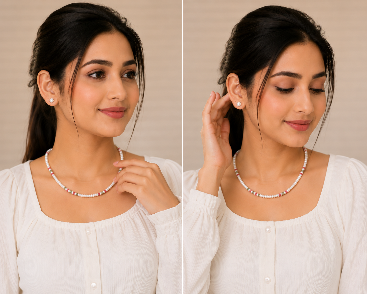 Multicolor Pearl Beaded Necklace & Stud Earrings Set for Women