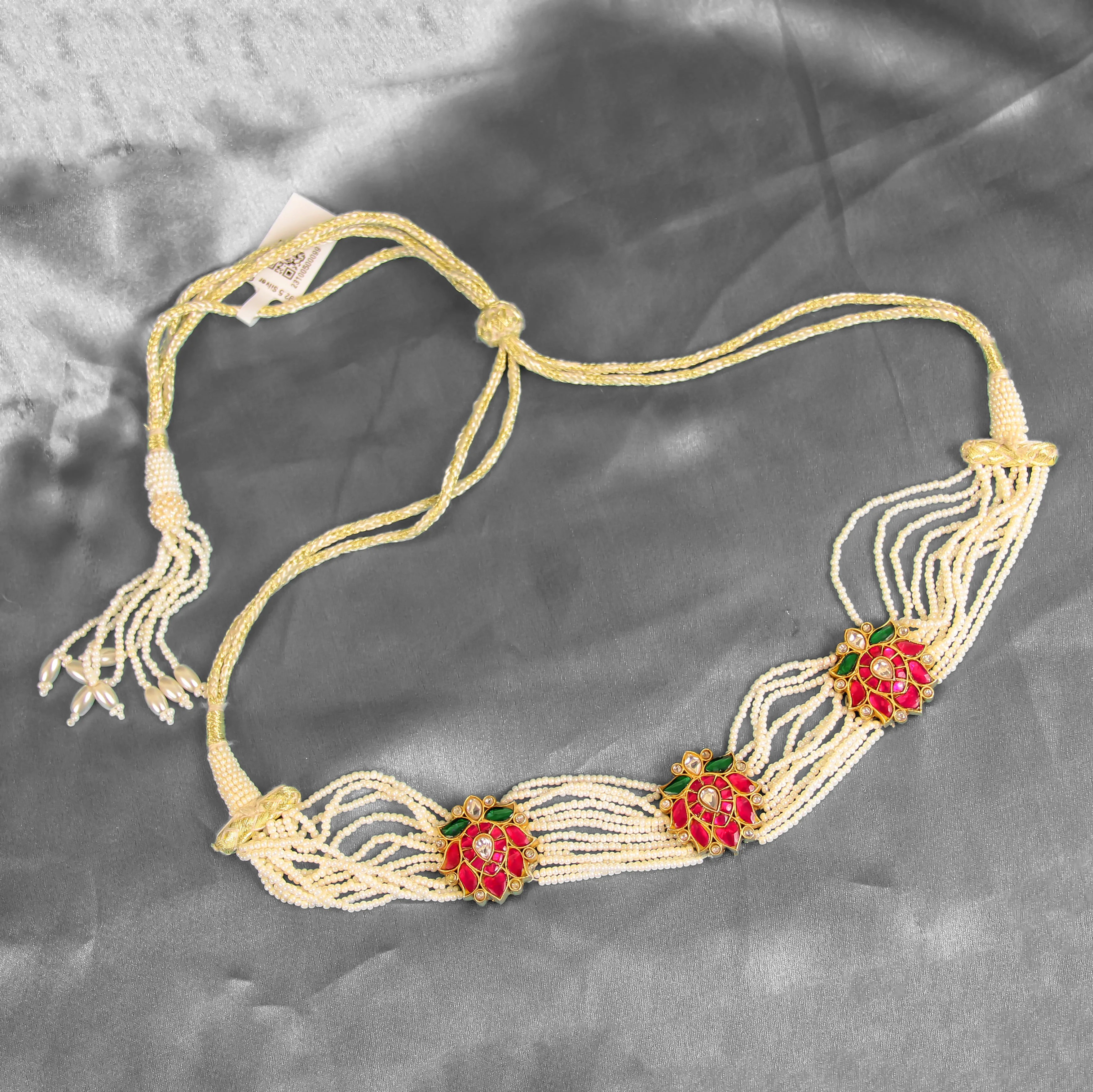 Multi-Layer Pearl Kundan Necklace with Red Floral Design | Ethnic Jewelry