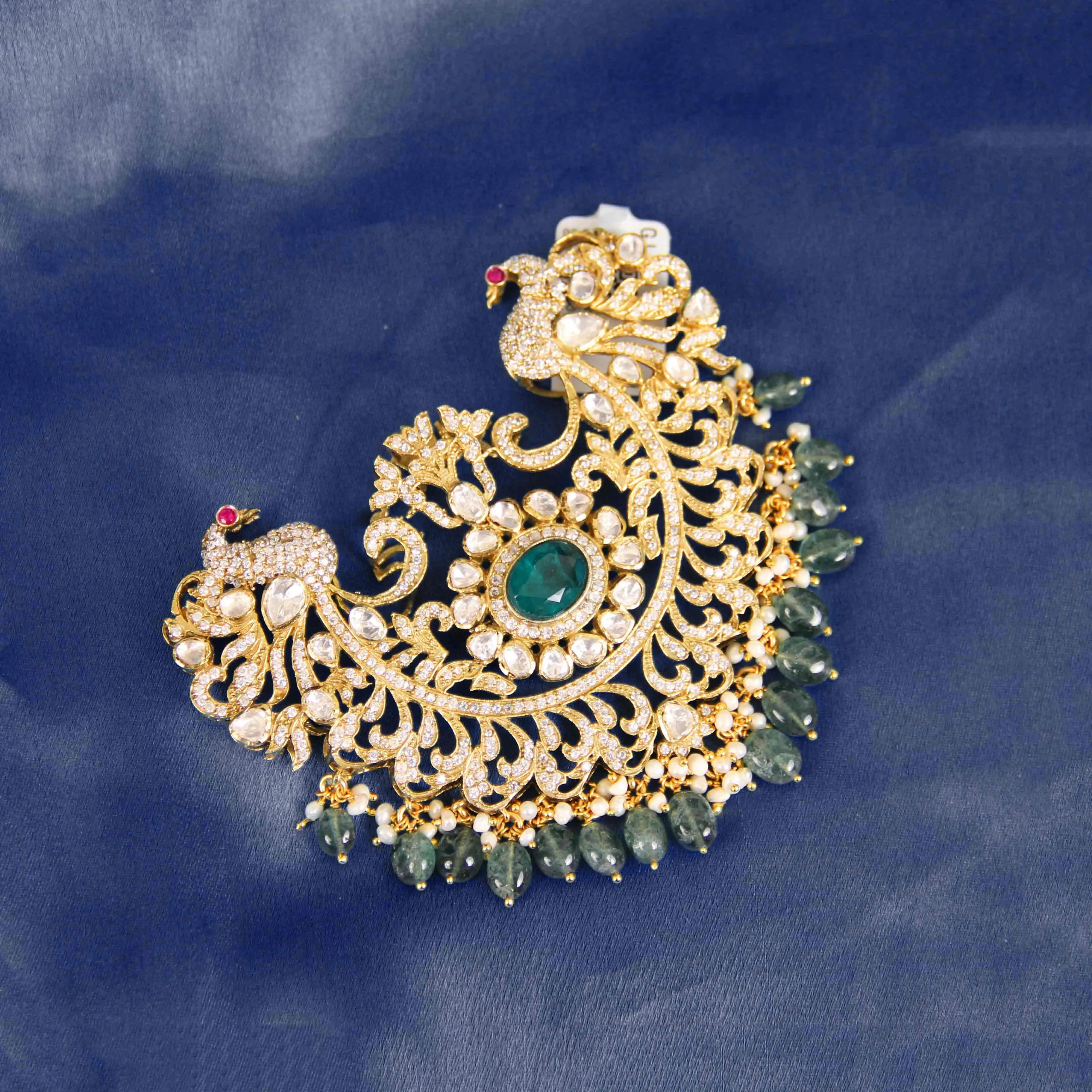 Royal Peacock Design Moissanite Jewellery Brooch with Green Stone & Beads