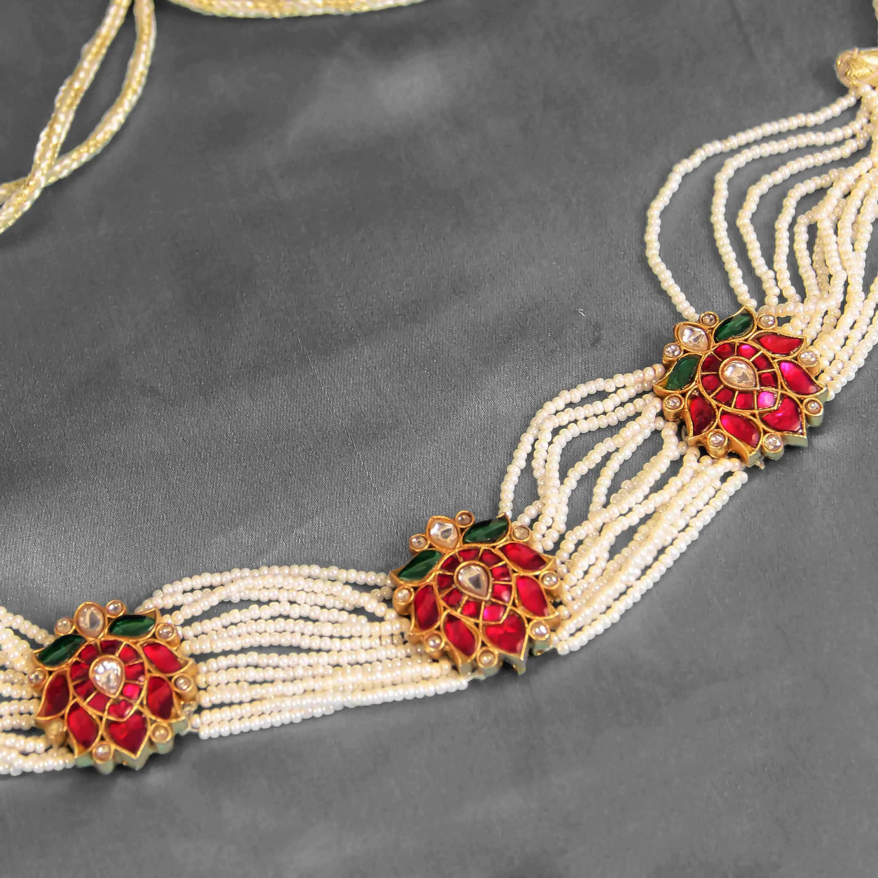 Multi-Layer Pearl Kundan Necklace with Red Floral Design | Ethnic Jewelry