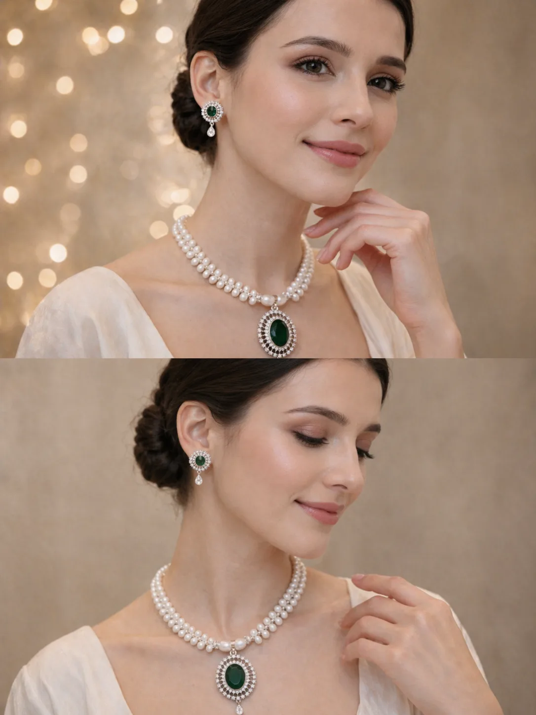 Elegant Pearl Necklace Set with Green Pendant thumbnail 3