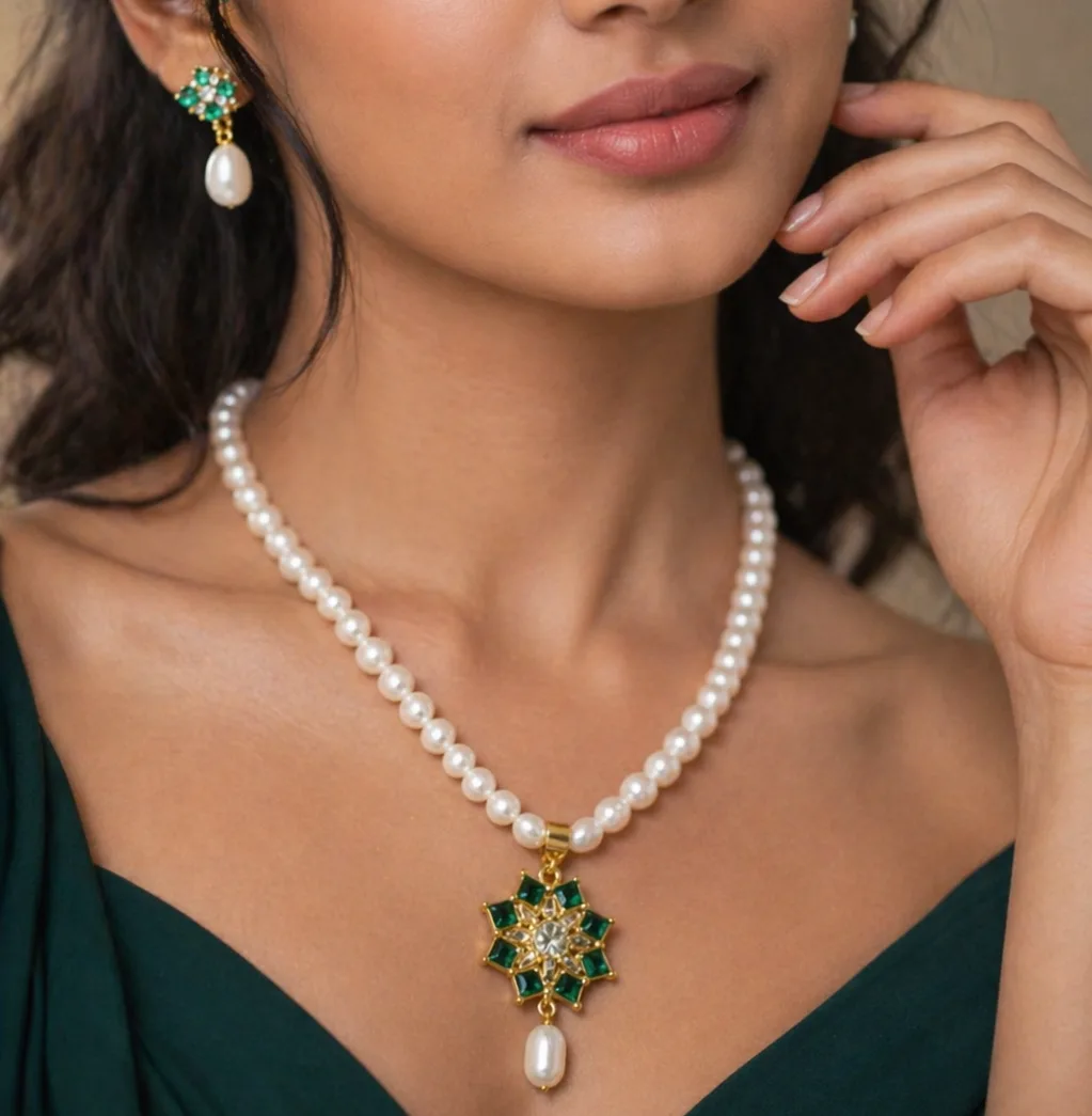 Elegant Pearl Necklace Set with Green Stone Pendant & Earrings thumbnail 2