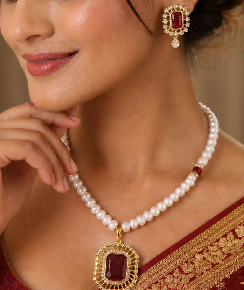 Elegant Pearl Necklace Set with Ruby Red Pendant & Earrings thumbnail 2