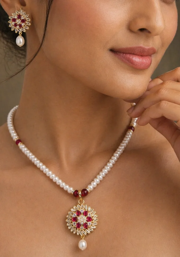 Elegant Pearl Necklace Set with Ruby Floral Pendant thumbnail 2