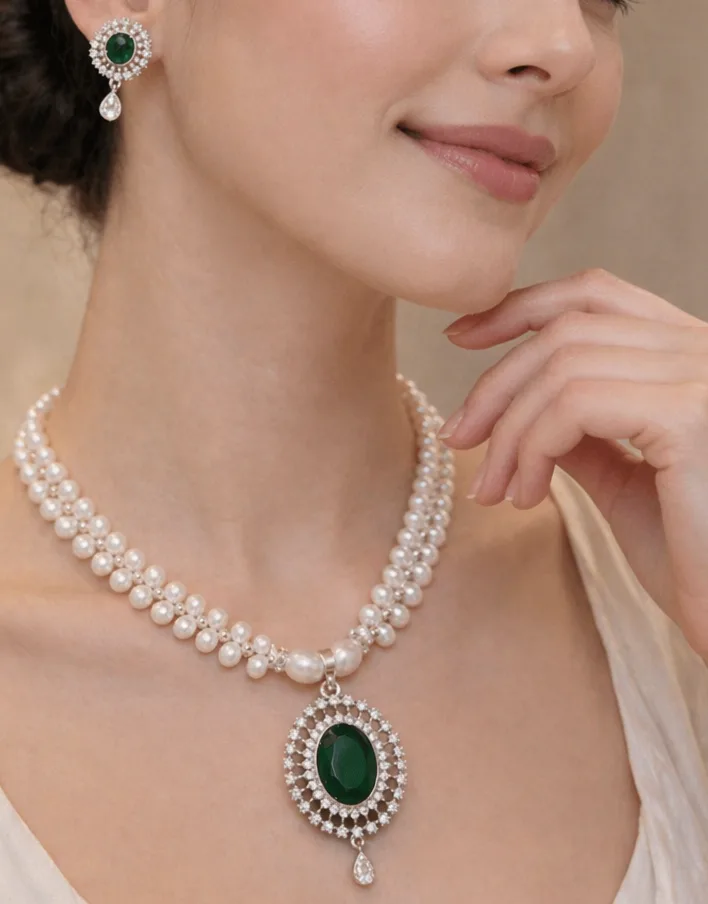 Elegant Pearl Necklace Set with Green Pendant thumbnail 2
