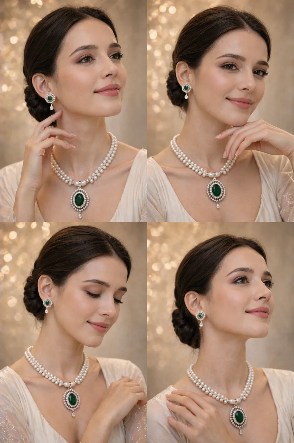 Elegant Pearl Necklace Set with Green Pendant thumbnail 4