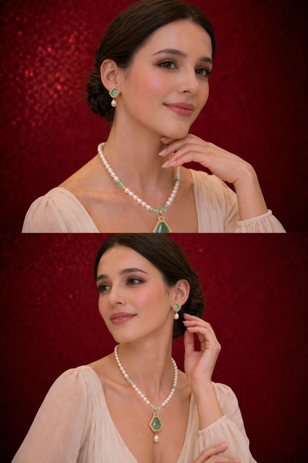 Elegant Pearl Necklace Set with Green Stone Pendant thumbnail 2