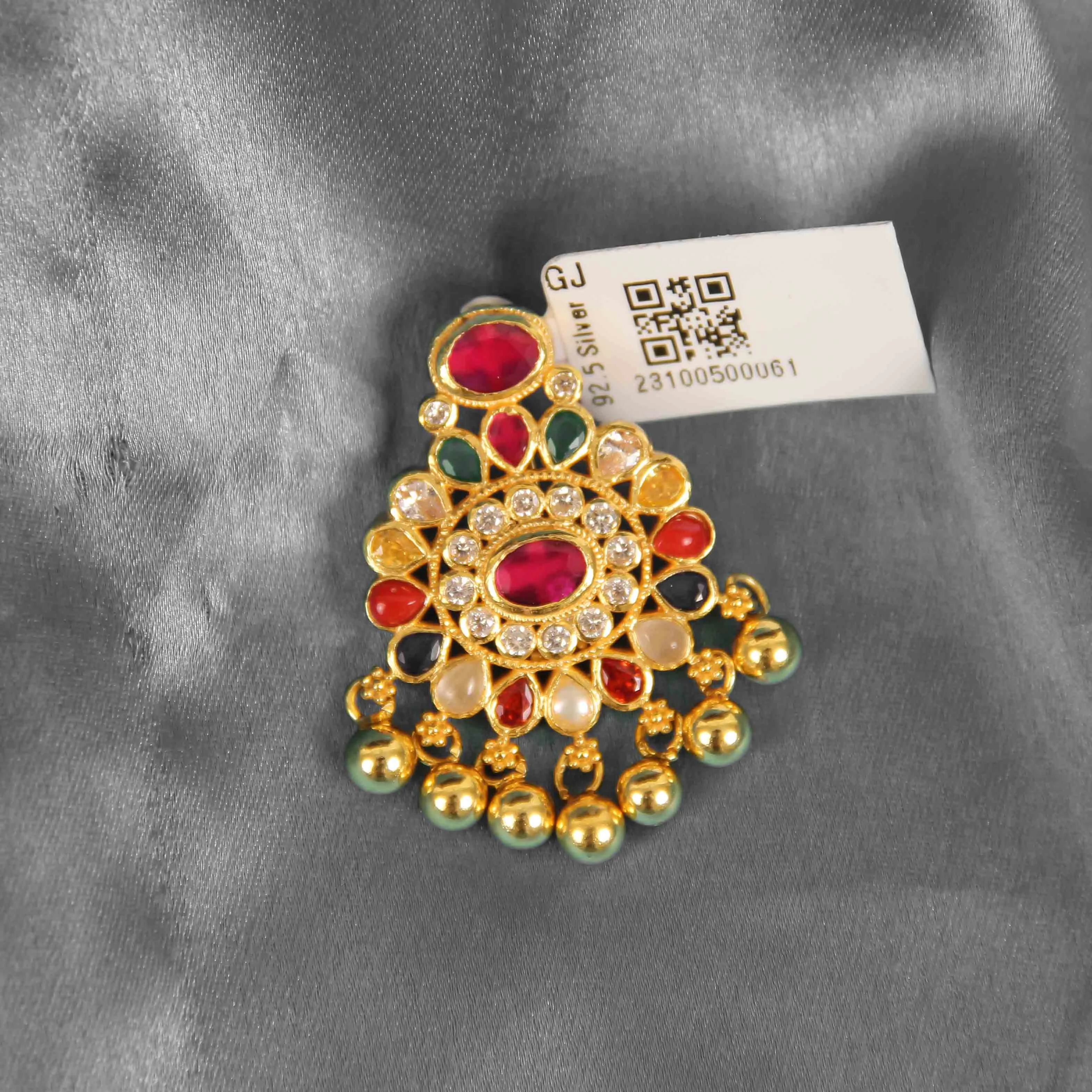 92.5 Silver Kundan Multi-Color Pendant with Pearl Drops | Traditional Jewelry