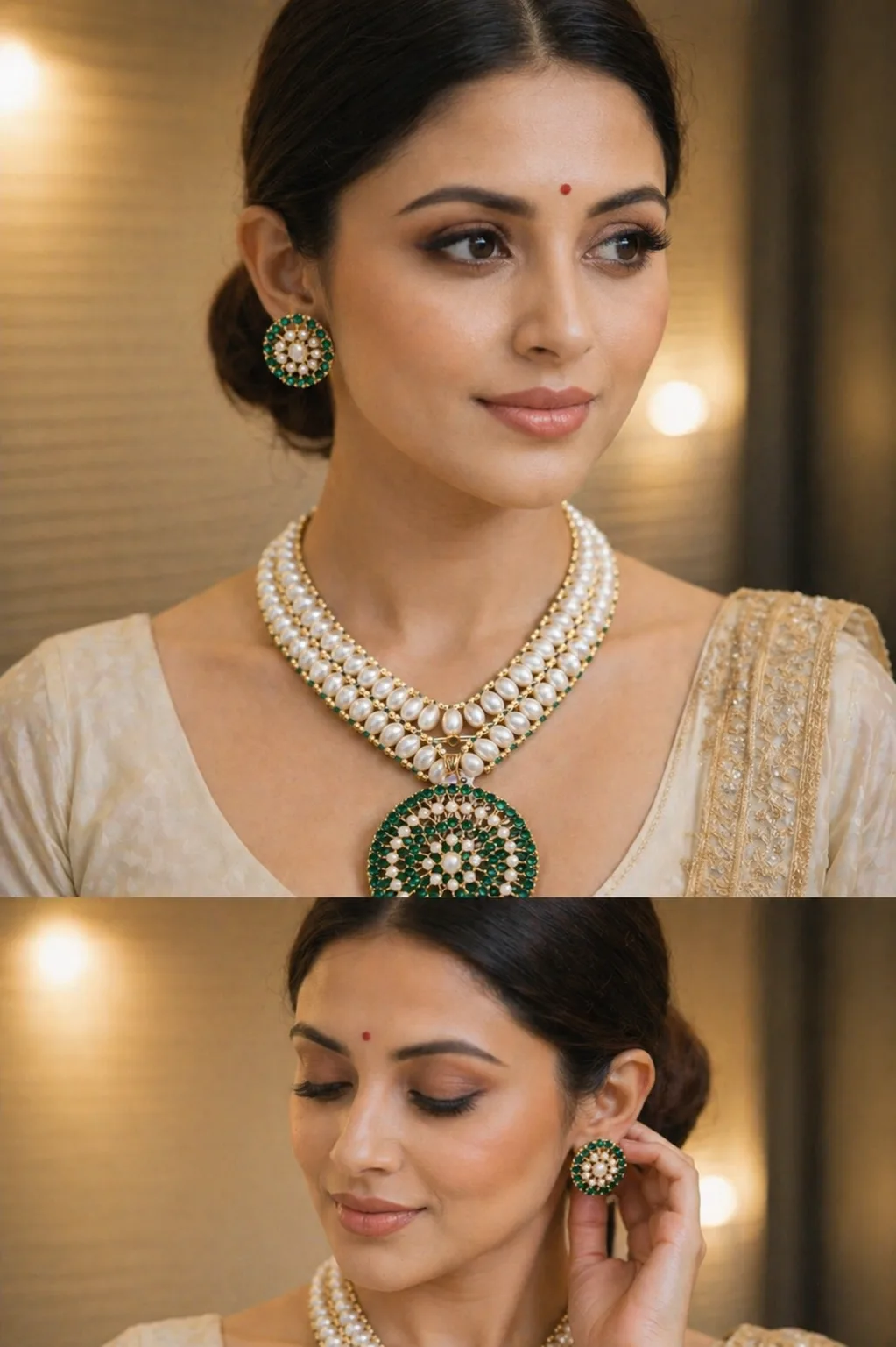 Designer Pearl Necklace Set with Green Pendant thumbnail 3