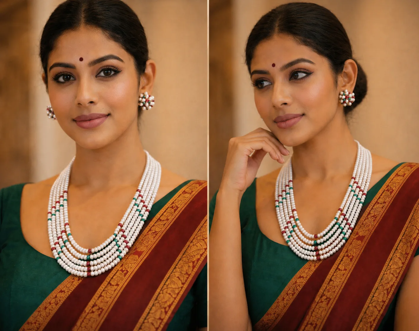 Multi Layer Pearl Necklace Set with Color Beads thumbnail 3