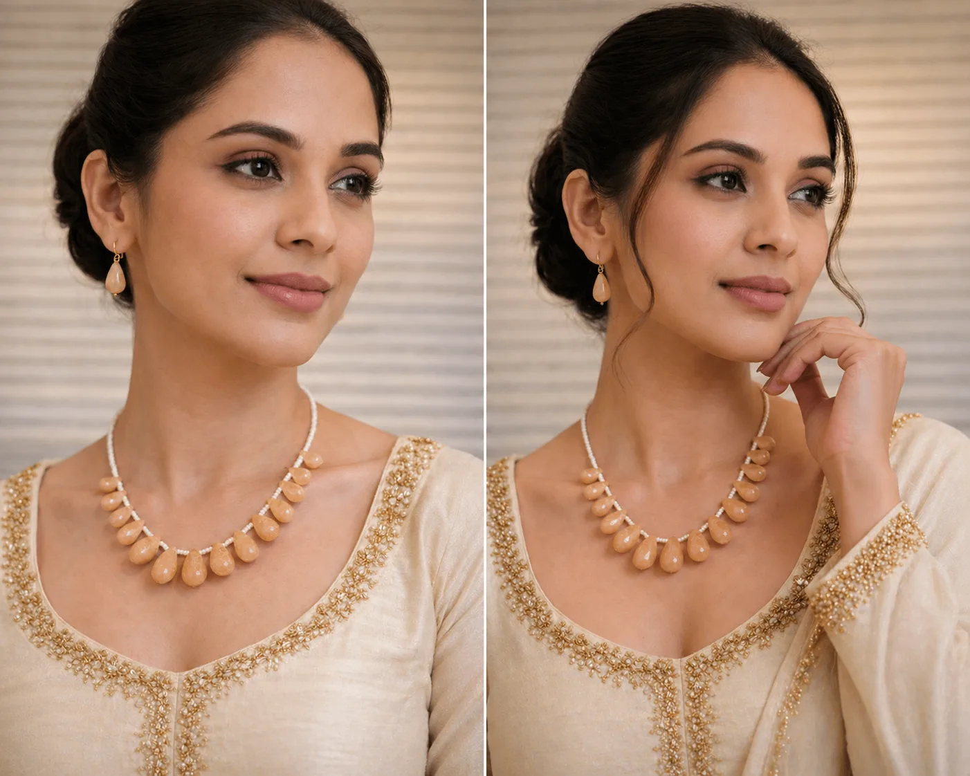 Elegant Peach Pearl Drop Necklace Set for Women thumbnail 4