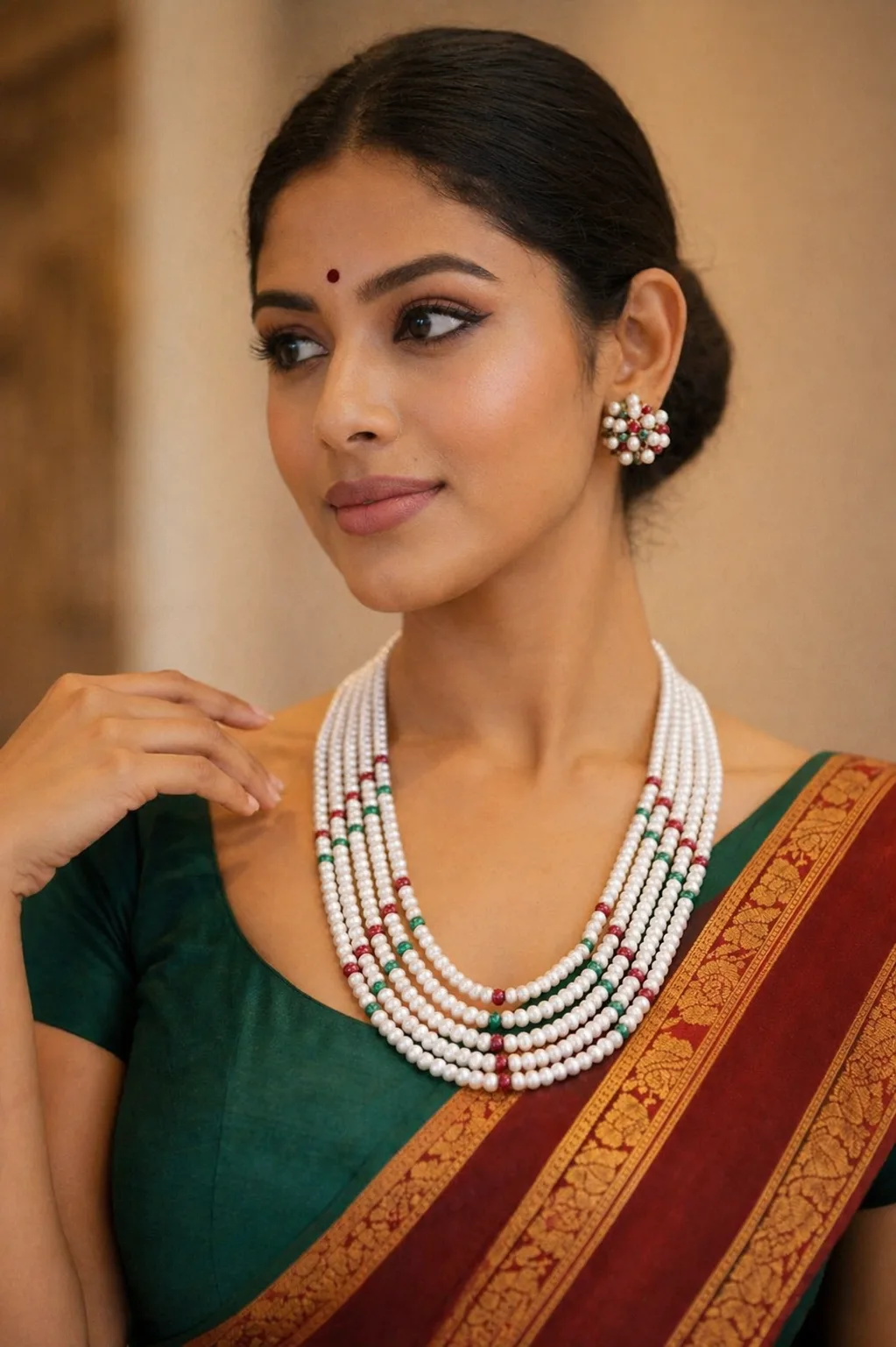 Multi Layer Pearl Necklace Set with Color Beads thumbnail 4