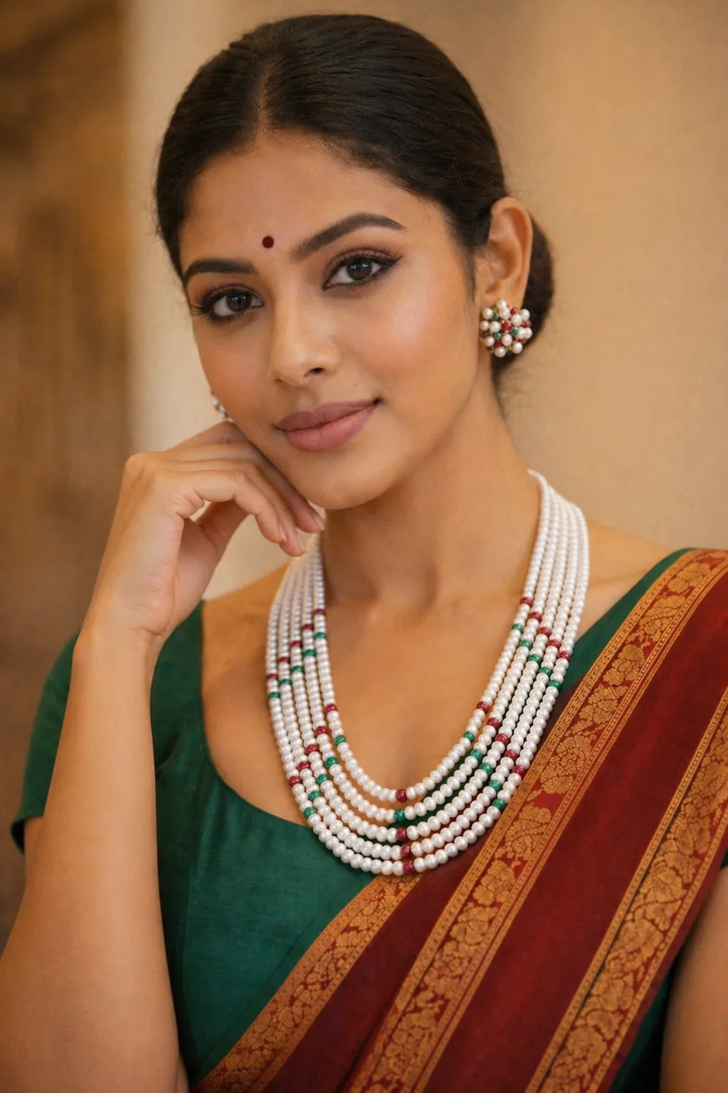 Multi Layer Pearl Necklace Set with Color Beads thumbnail 2