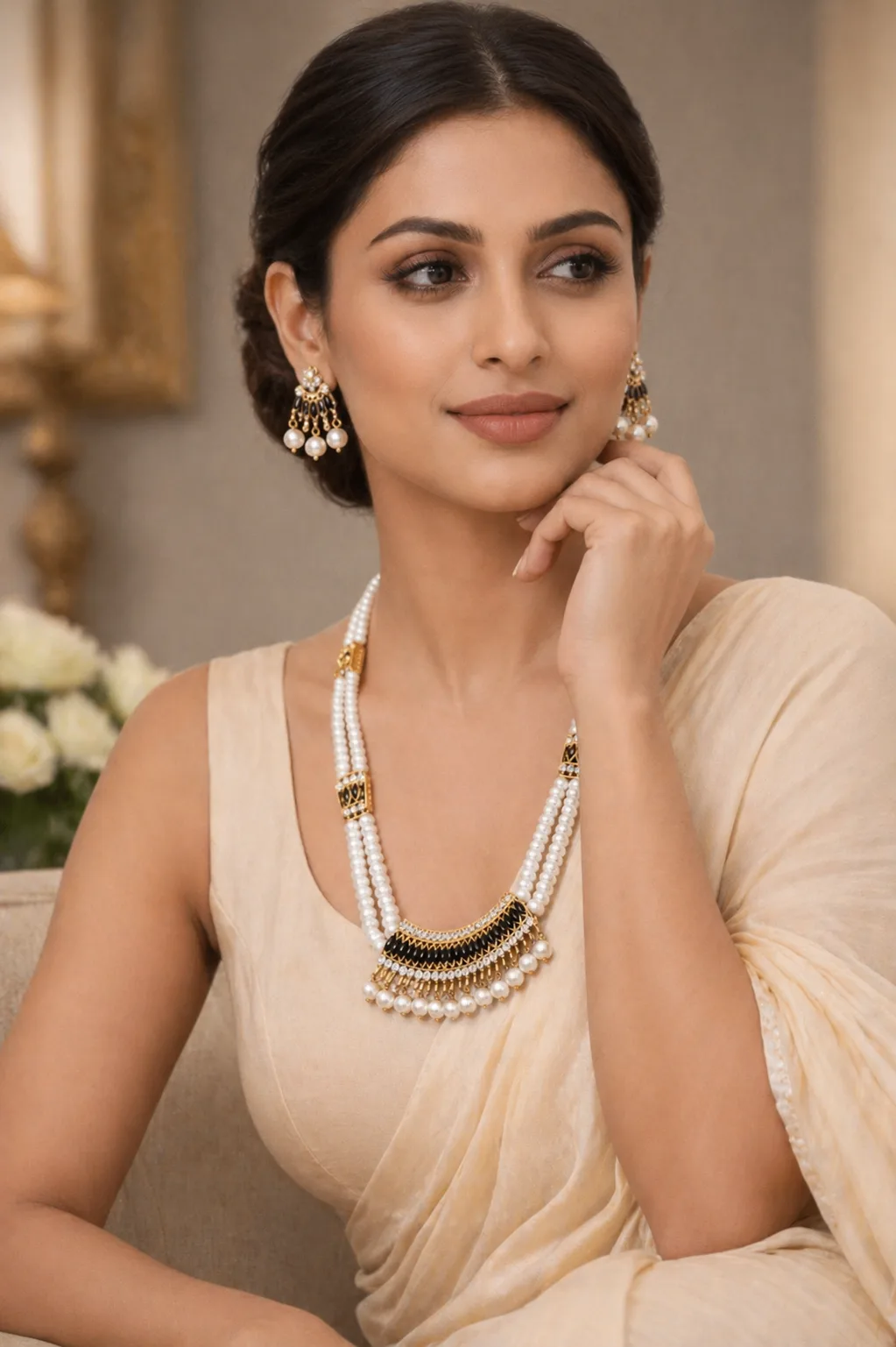 Elegant Pearl Necklace Set with Black Stone Pendant thumbnail 2