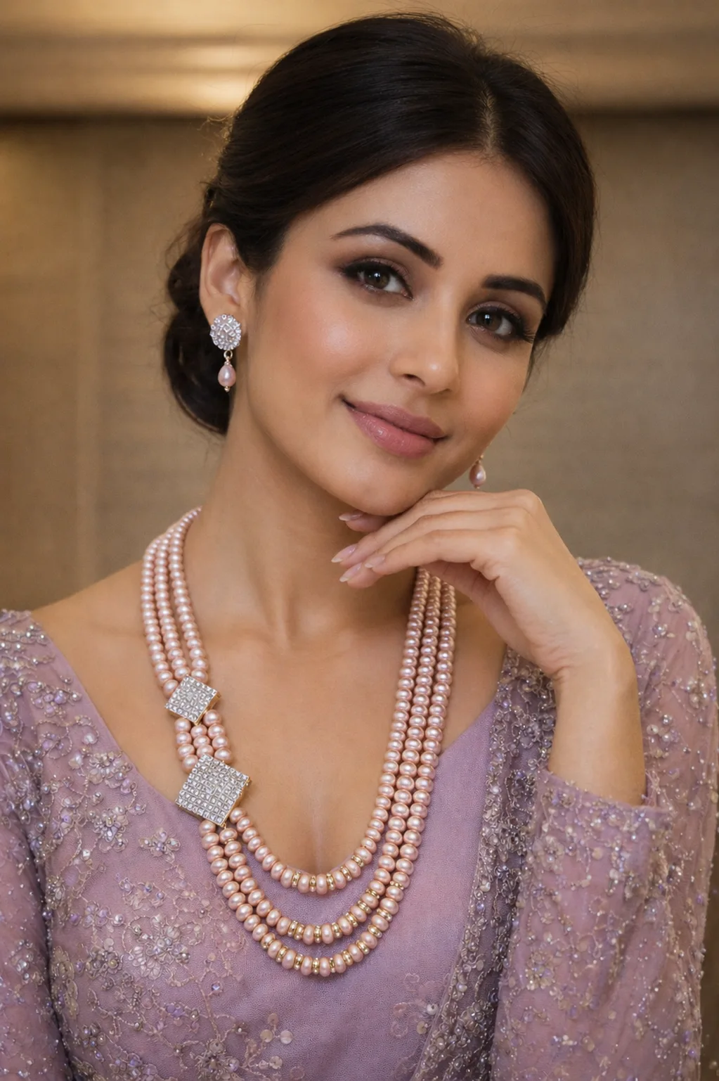 Designer Multi Layer Pearl Necklace Set for Women thumbnail 2