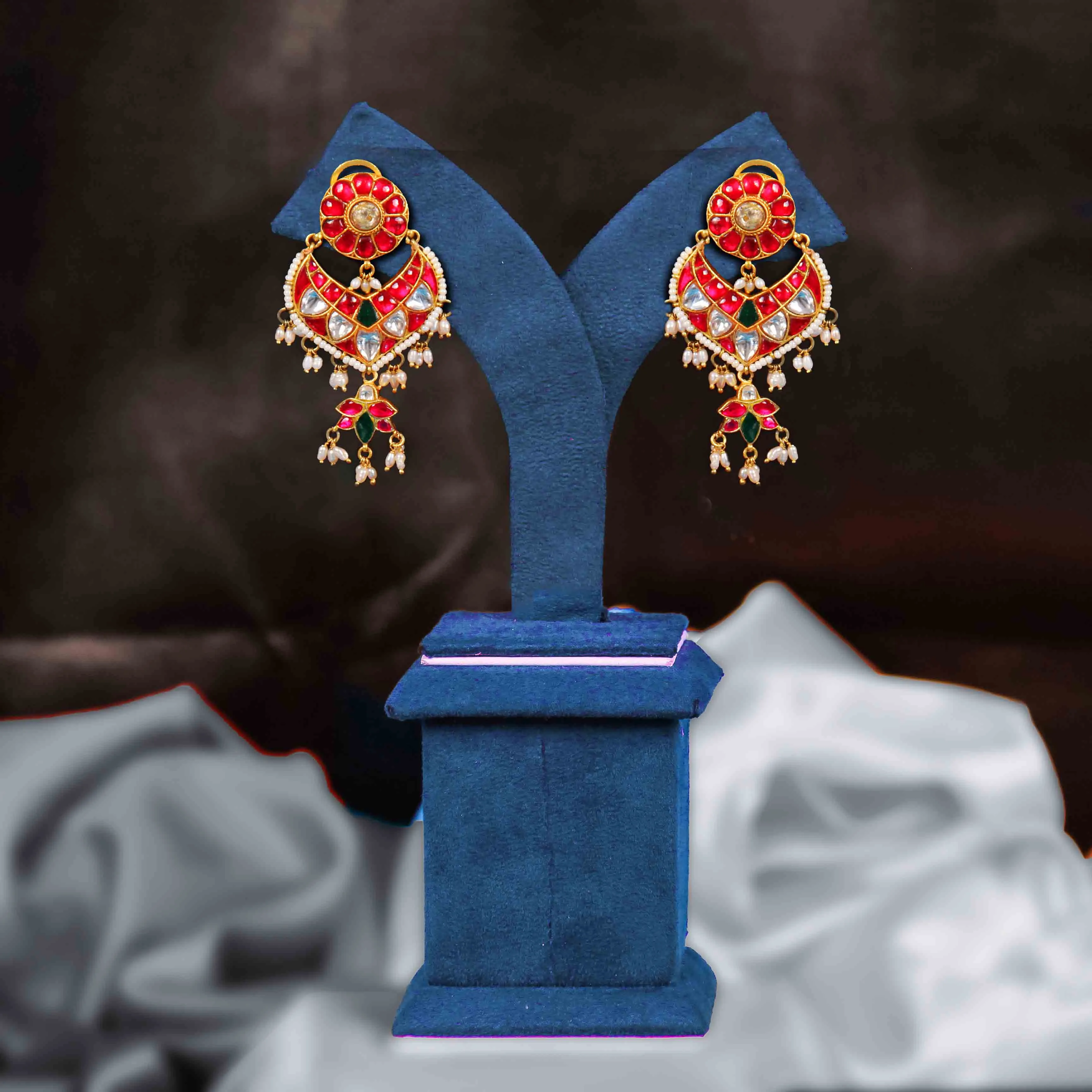 Traditional Kundan Chandbali Earrings with Pearl Drops – Red & Green Stone Ethnic Jewelry