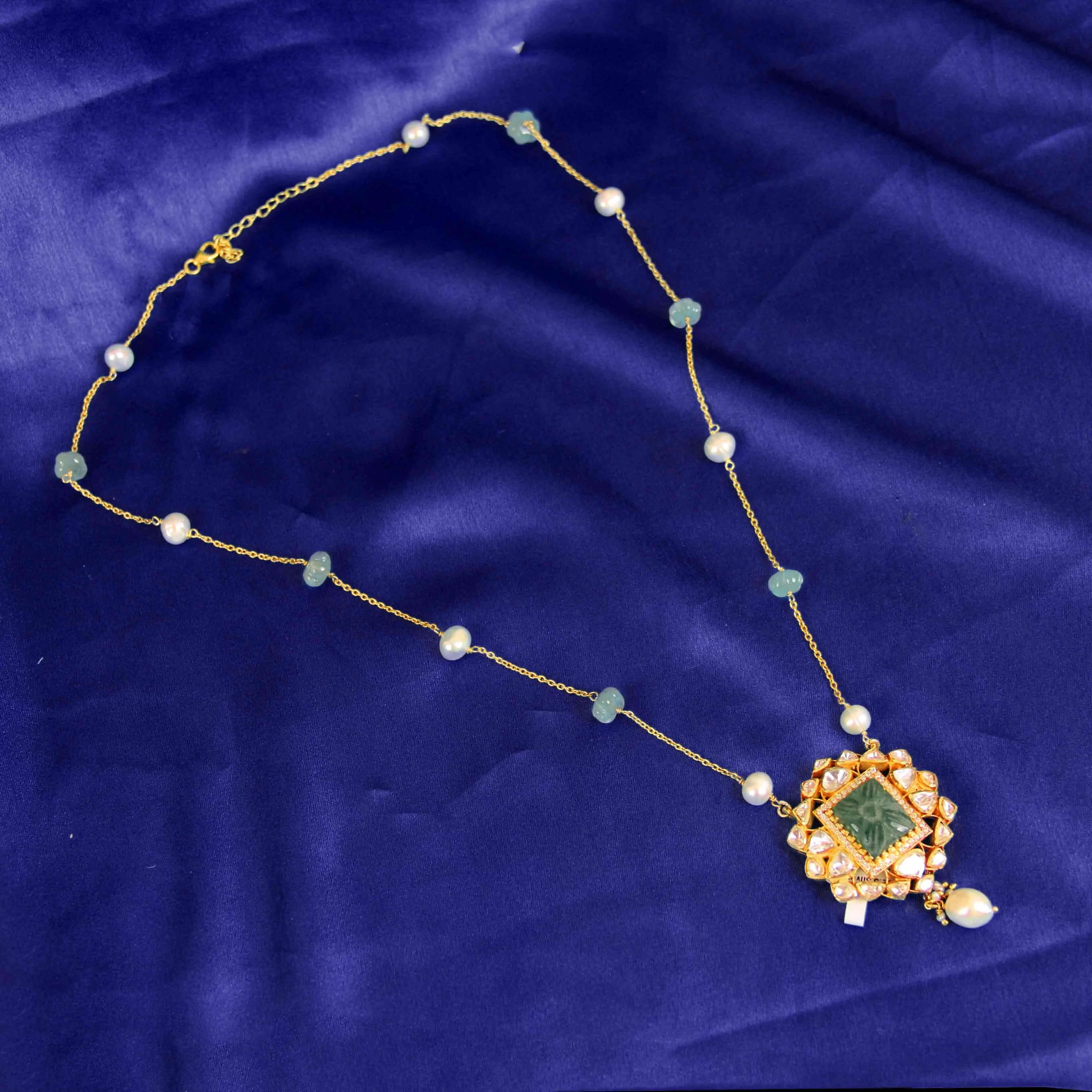 925 Sterling Silver Green Moissanite Kundan Pendant Necklace with Pearl Beaded Chain