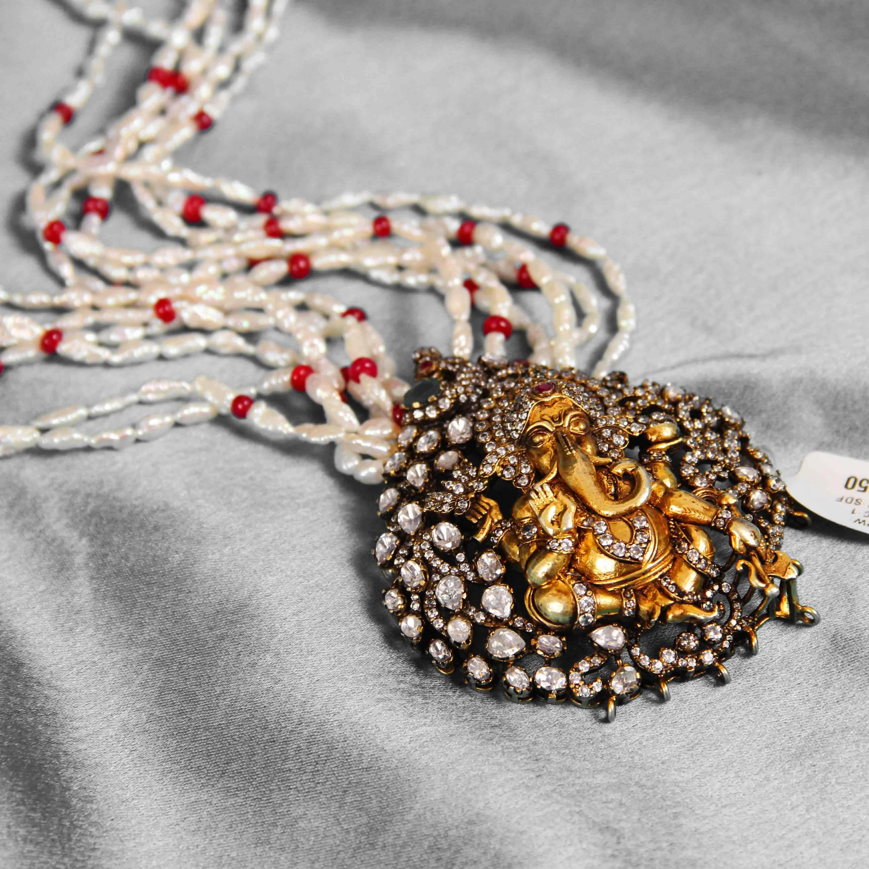 Moissanite Ganesha Pendant Necklace with Pearl Multi-Layer Chain | Antique Gold Temple Jewellery