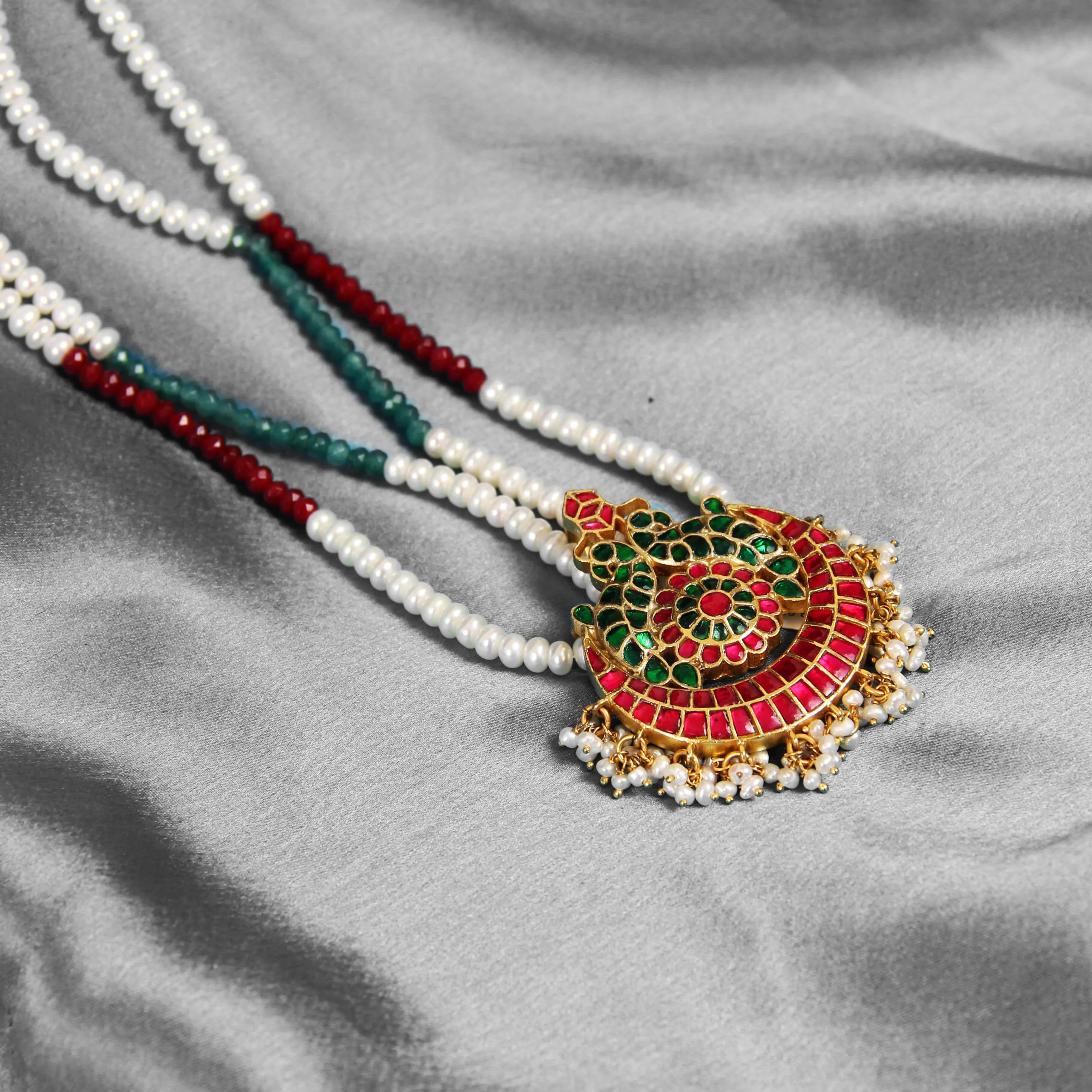 Double Layer Pearl Necklace with Kundan Pendant | Traditional Ethnic Jewelry