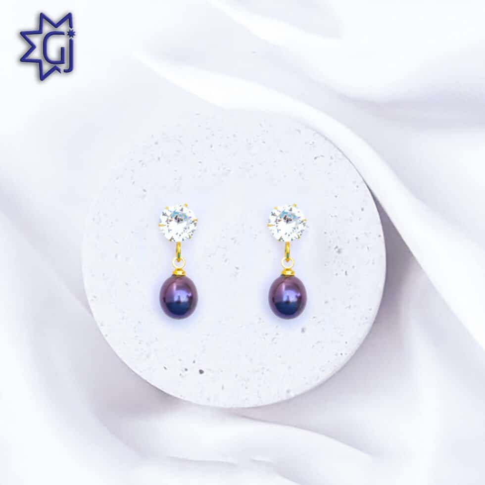 CZ Drop Earrings of Black-Pearl
