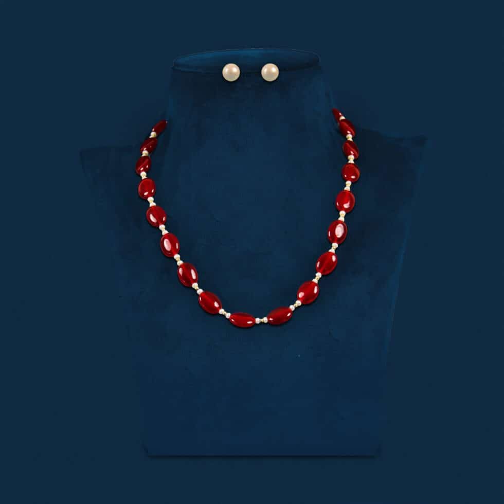 real pearls with red stone necklace set