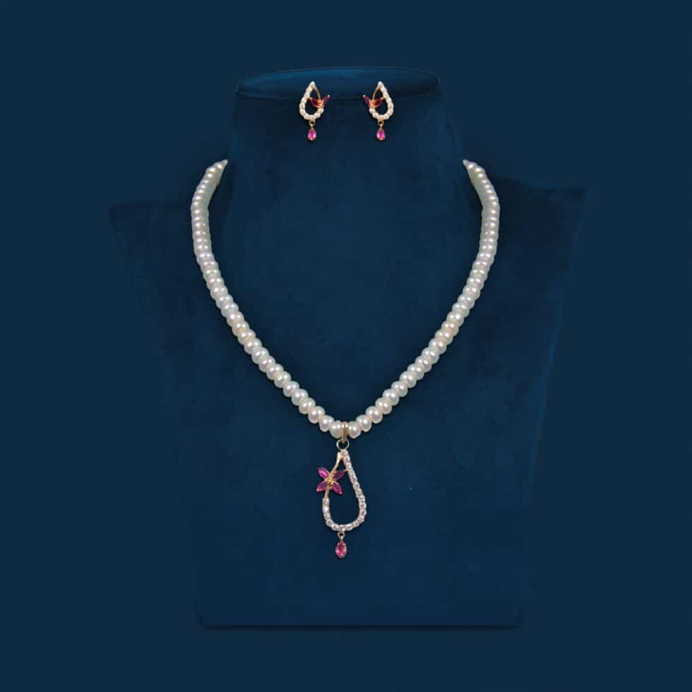 pink stone pendant pearl necklace set